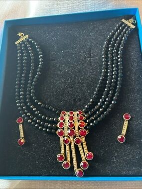 Heidi Daus Vintage Black Beaded Necklace with Red Crystal Drop